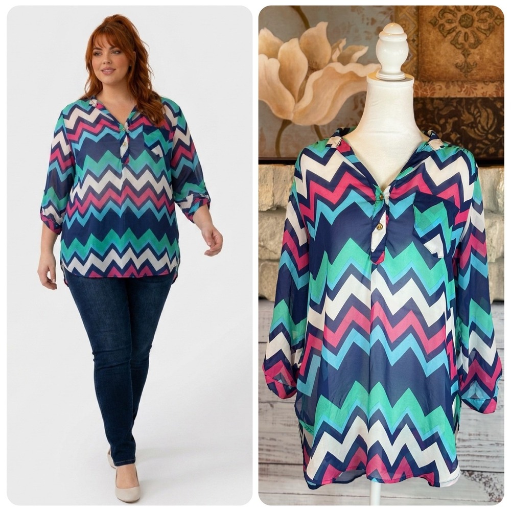 Justify Womens Multicolor Chevron Sheer Chiffon Roll Tab Sleeve Blouse Size L